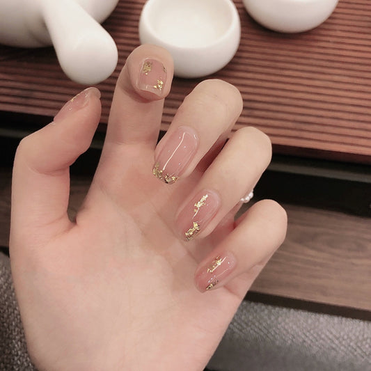 Gold Brushes Long Square Pink Everyday Press On Nails