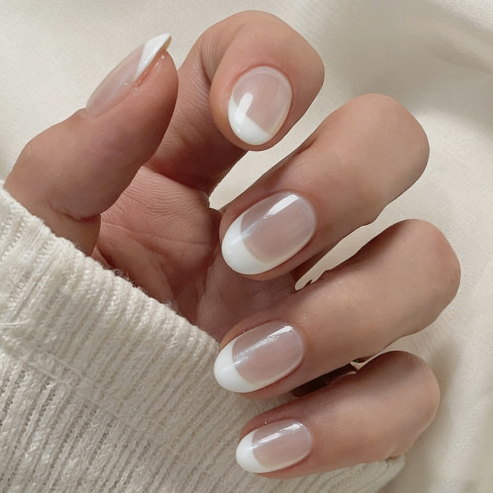Chic Elegance Long Oval Clear with Bold White Tips Press On Nail Set
