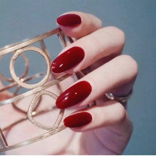Glamorous Elegance Long Oval Shaped Deep Red Press On Nail Set with High Gloss Finish