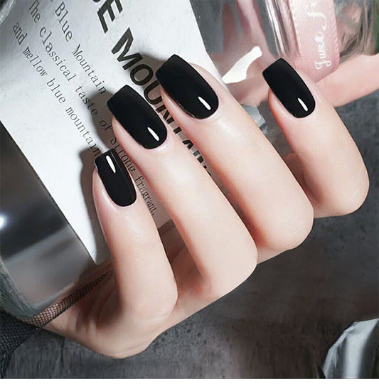 Enchanted Night Medium Square Black Glossy Press On Nail Set with Sleek Finish