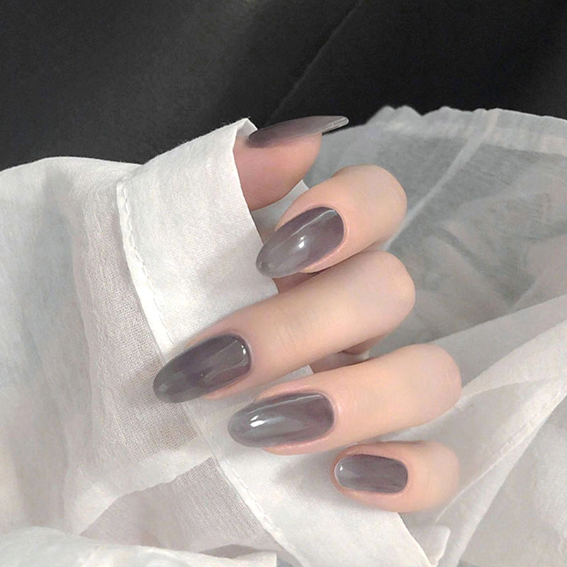 Mystical Elegance Long Oval Shaped Deep Gray Glossy Press On Nail Set with Mirror Finish