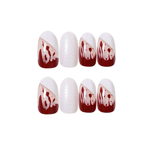 Spooky Chic Ombre Short Oval White with Red Paint Drip Design Press on Nail Set