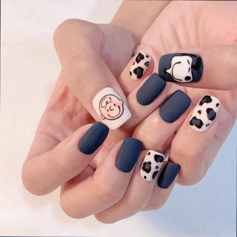 Whimsical Farmhouse Elegant Medium Square Navy and Cream Press On Nail Set with Charming Animal Illustrations
