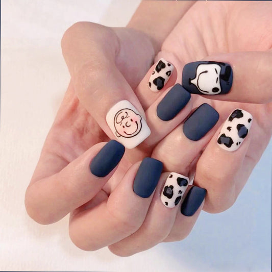 Whimsical Farmhouse Elegant Medium Square Navy and Cream Press On Nail Set with Charming Animal Illustrations