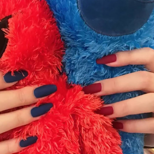 Cozy Nights Matte Press On Nail Set Long Coffin Deep Blue and Rustic Red with Soft Touch Finish