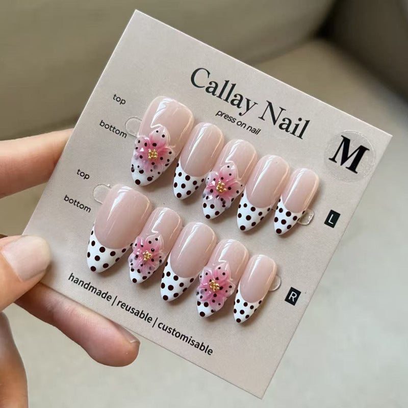 Floral Delight Medium Almond Pink with Polka Dot Accents Press On Nail Set