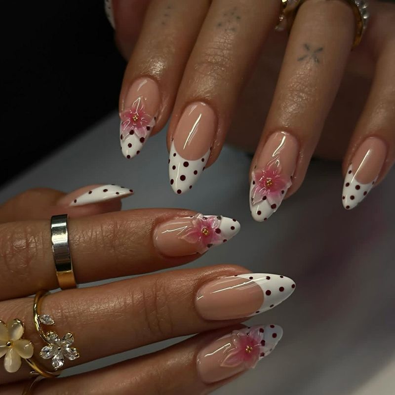 Charming Floral Fantasy Medium Almond White with Pink Flower Accents Press On Nail Set