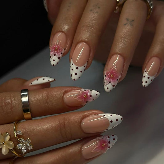 Charming Floral Fantasy Medium Almond White with Pink Flower Accents Press On Nail Set