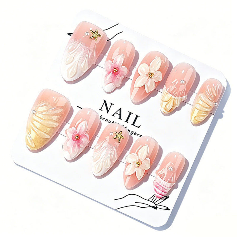 Mermaid Dream Medium Almond Pink Floral Press On Nail Set with Glitter Accents