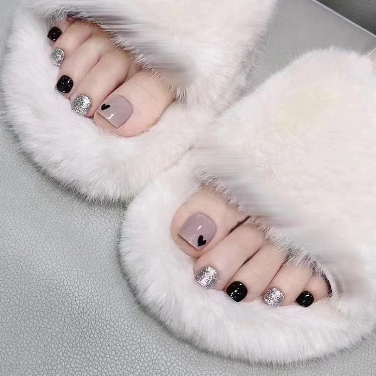 Chic Glamour Short Square Mauve Black and Glittery Hearts Press On Nail Set