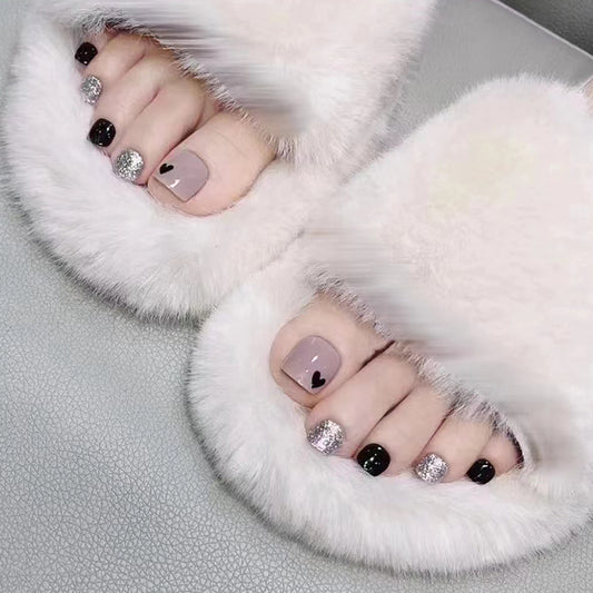 Chic Glamour Short Square Mauve Black and Glittery Hearts Press On Nail Set