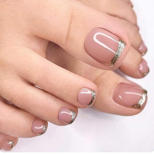 Glamorous Sophistication Short Square Beige with Glitter Tip Press On Toenail Set
