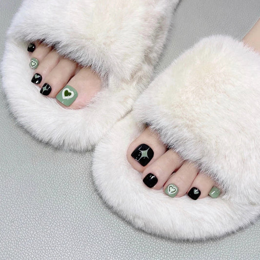 Charming Night Vibes Square Short Green and Black Heart and Star Press on Toenail Set