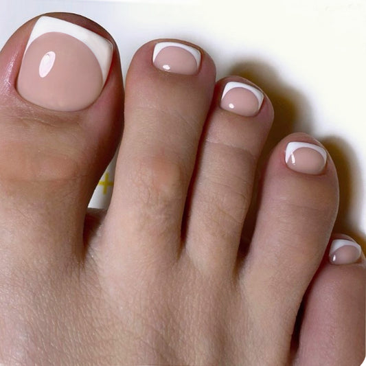 Elegant Chic Short Square Beige Pink Press-On Toe Nail Set with Minimalistic White Accent Design