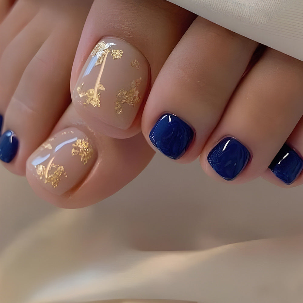 Elegant Affair Short Oval Navy and Beige Press On Nail Set with Gold Leaf Accents