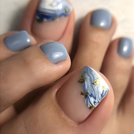 Elegant Ocean Wave Inspired Short Length Square Press On Nail Set in Serene Blue with Gold Flake Accents