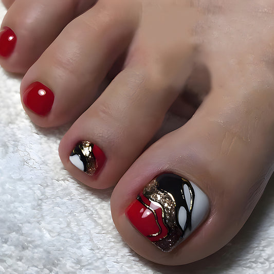 Elegant Soiree Short Round Red Press On Nail Set with Gold Accent Design