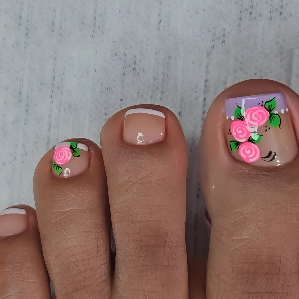 Floral Fantasy Short Square Beige Press On Nail Set with Pink Rose Accents and 3D Charm Embellishments