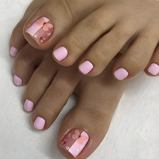 Cherry Blossom Dream Short Square Pink Press On Nail Set with Floral Design and Glossy Finish