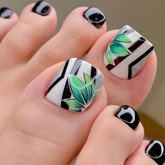 Botanical Bliss Medium Square Black and White Press On Nail Set with Glitter Accents and Leaf Patterns