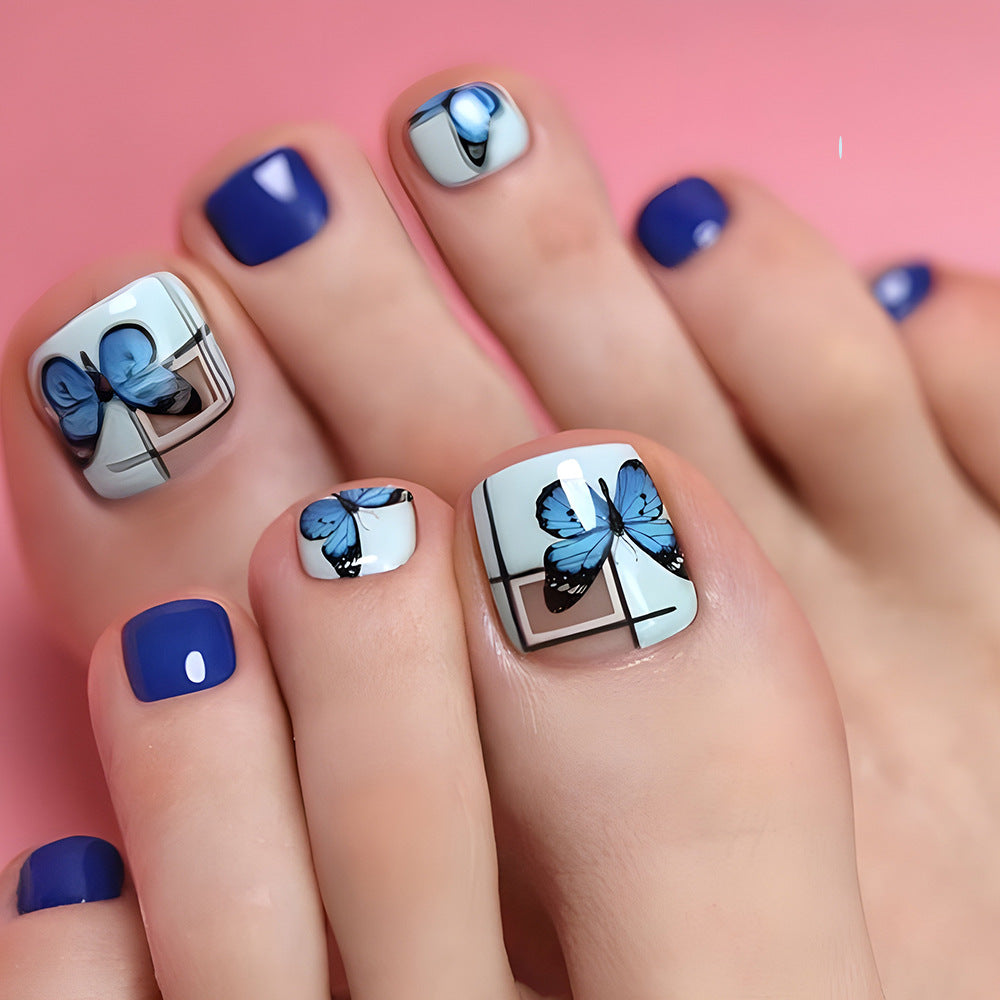 Whimsical Nature Inspired Press On Toenail Set Short Square Blue Featuring Delightful Butterfly Designs