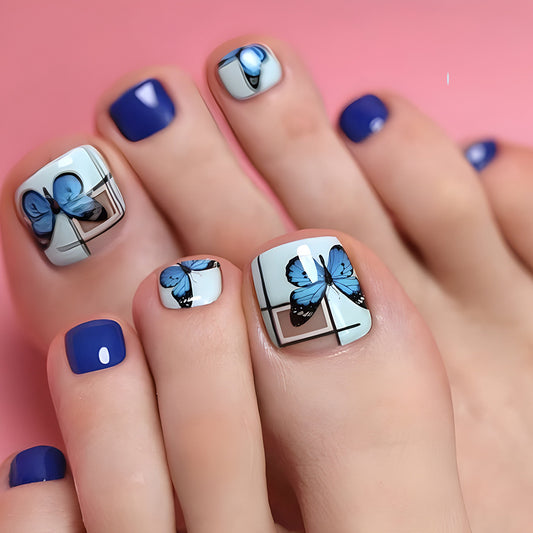 Whimsical Nature Inspired Press On Toenail Set Short Square Blue Featuring Delightful Butterfly Designs