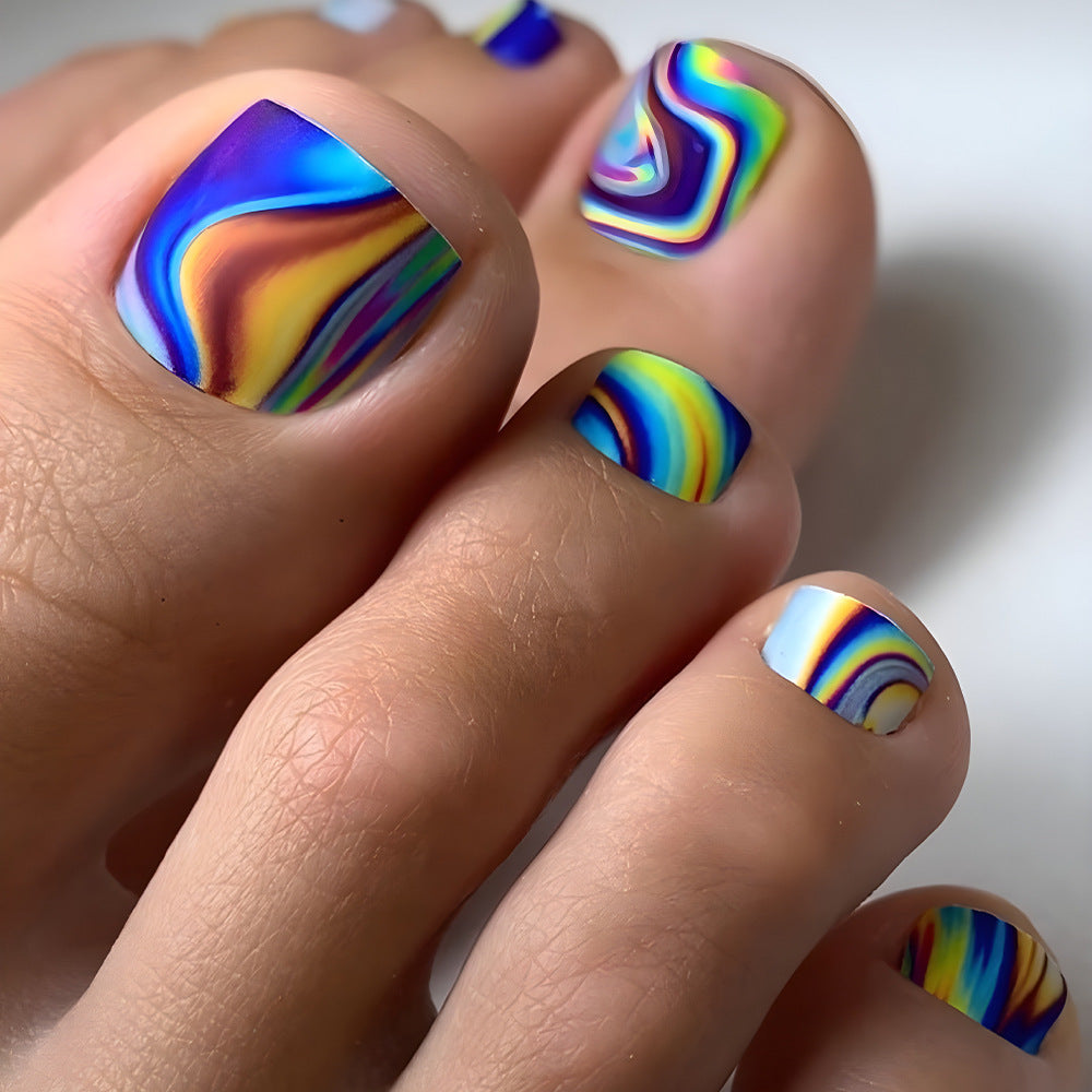 Vibrant Swirl Short Square Press-On Toenail Set with Colorful Iridescent Finish