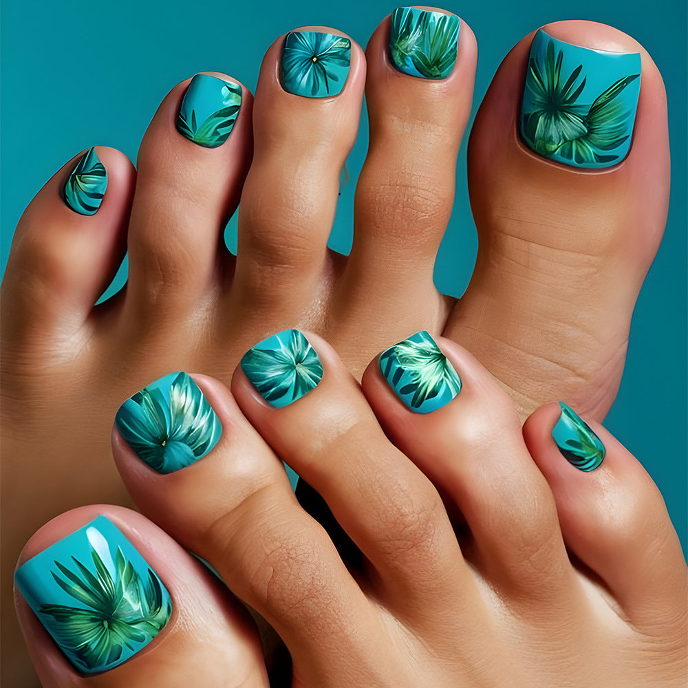 Tropical Oasis Luxurious Short Square Blue Toenail Press Set with Stunning Botanical Design