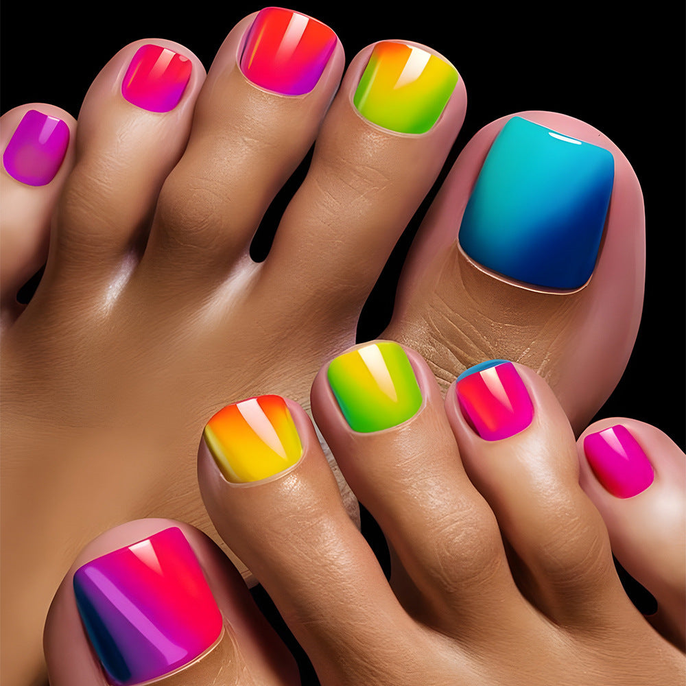 Rainbow Spectrum Glamour Press on Toenail Set Short Square Vibrant Ombre Effect