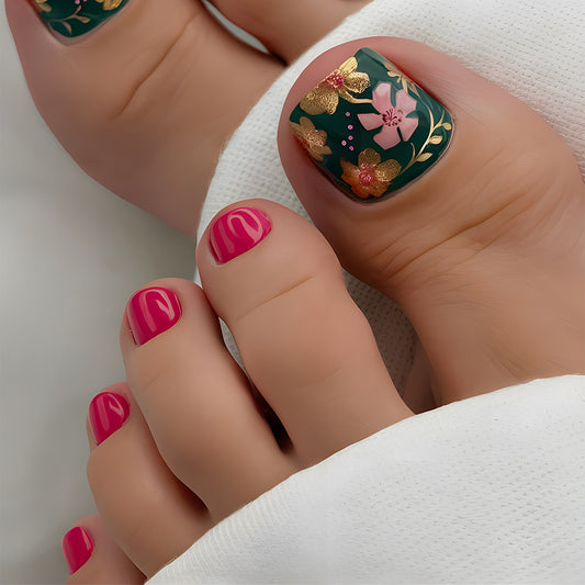 Tropical Paradise Short Square Tip Press On Toenails in Vibrant Pink and Elegant Green with Floral Design