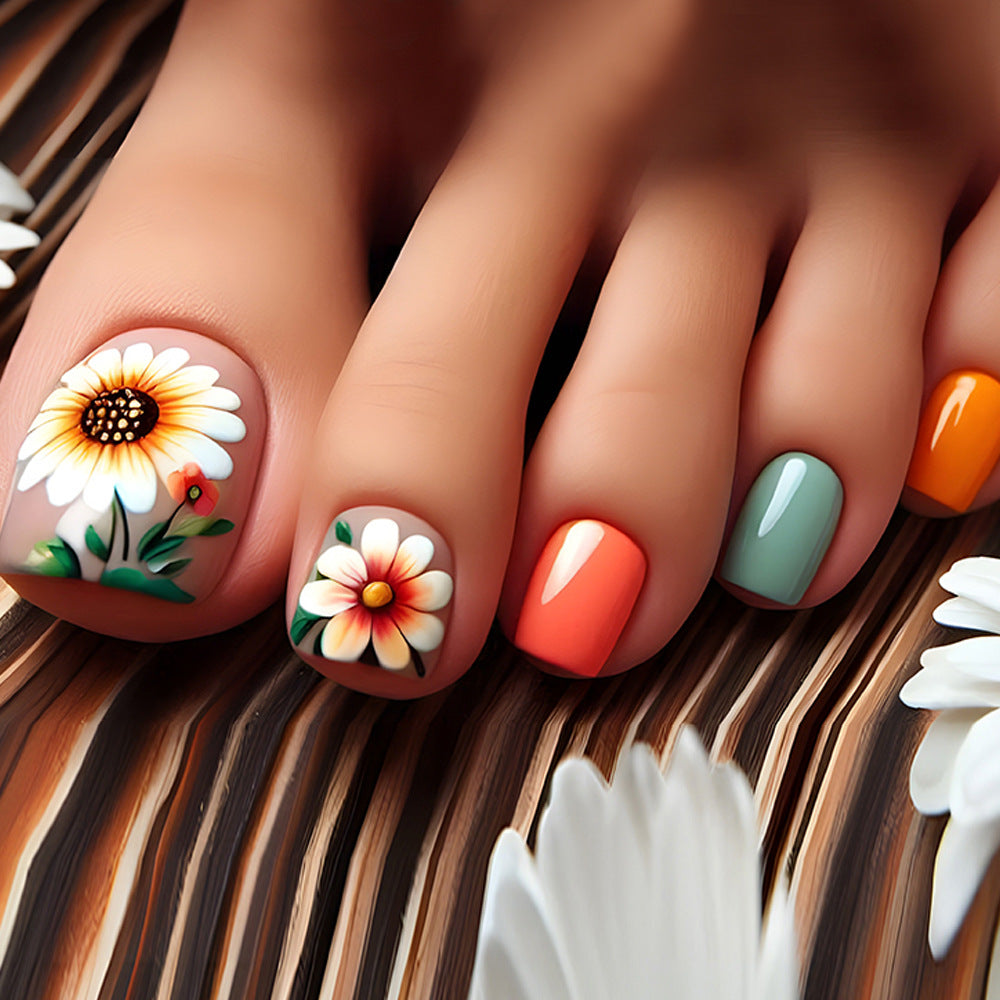Garden Bloom Colorful Short Square Press on Toenail Set with Vibrant Floral Designs