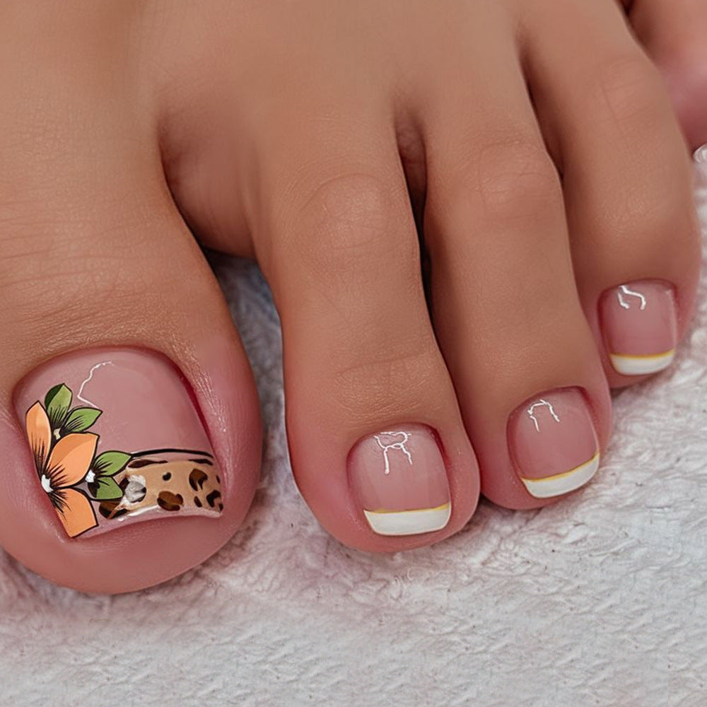 Tropical Bliss Short Square Beige Press On Toenail Set with Floral and Leopard Print Accent Feature