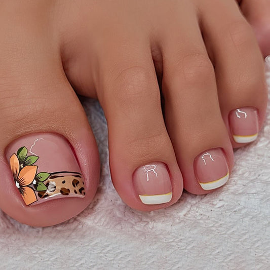 Tropical Bliss Short Square Beige Press On Toenail Set with Floral and Leopard Print Accent Feature