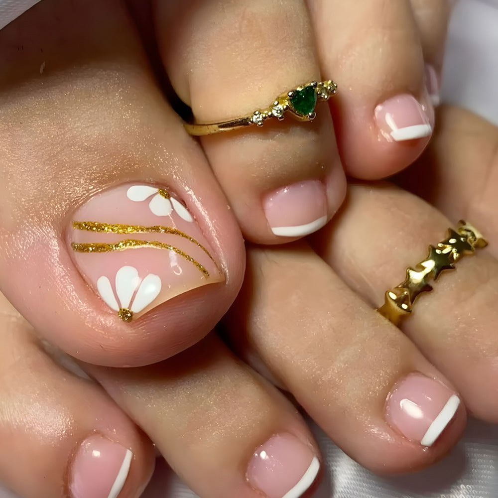 Floral Fantasy Elegant Short Square Pink Toenails with Lace and Gold Accents