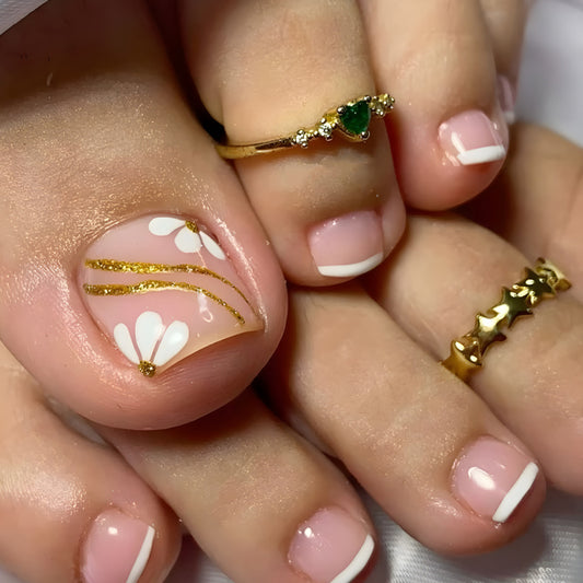 Floral Fantasy Elegant Short Square Pink Toenails with Lace and Gold Accents