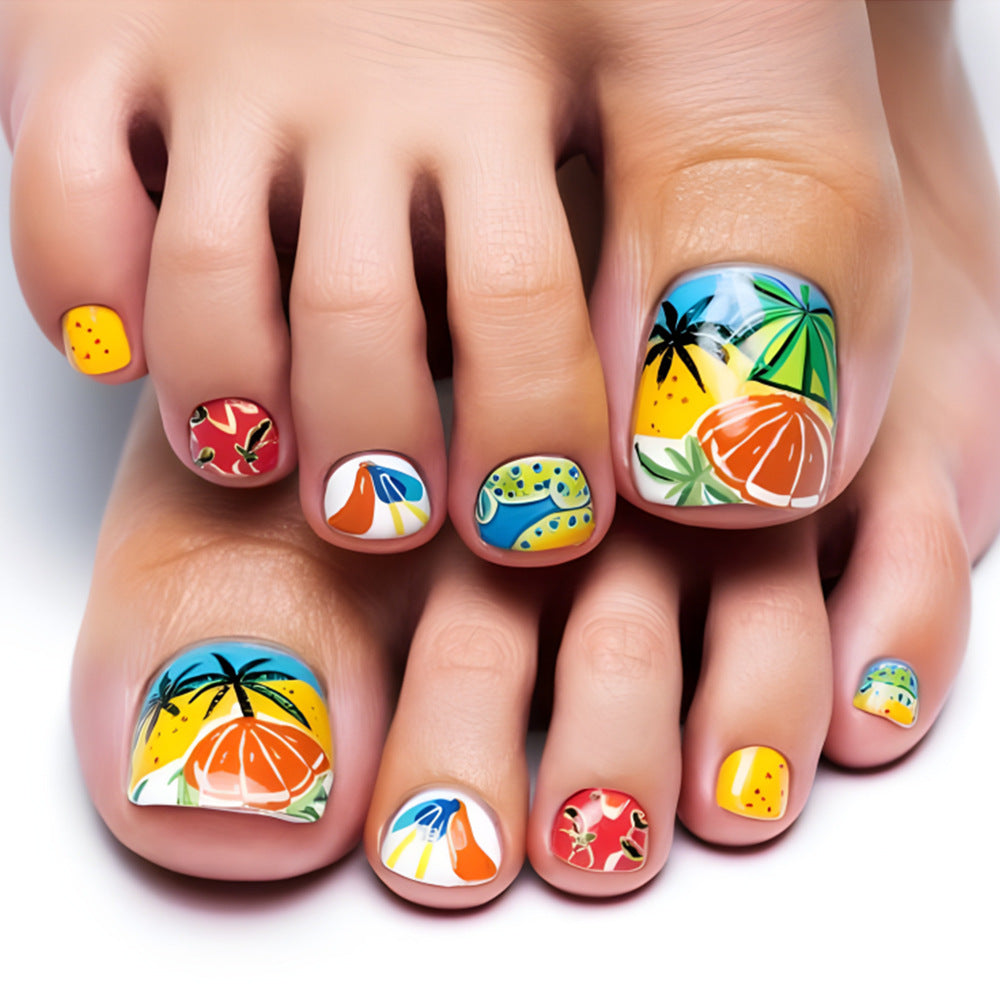 Tropical Vibes Short Square Glossy Multicolor Fruit Design Press On Toenail Set