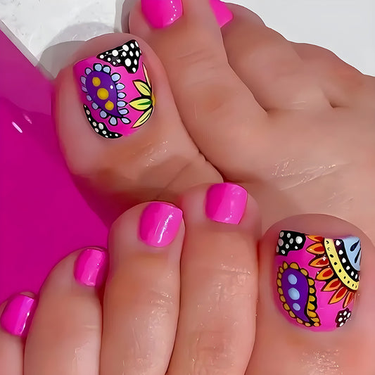 Bohemian Spirit Vibrant Pink Short Square Press On Toenail Set with Colorful Floral Designs