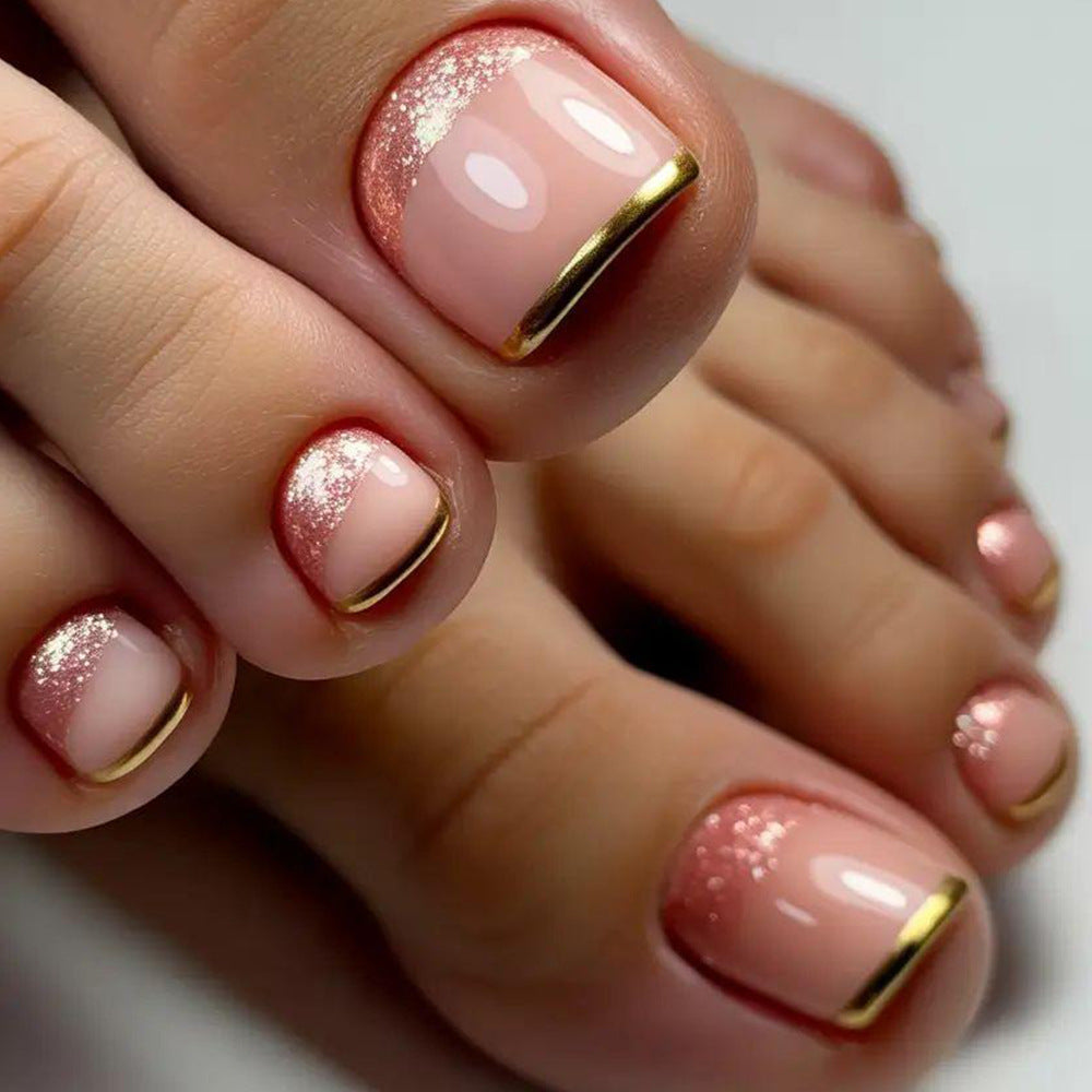 Glamorous Elegance Short Square Blush Pink with Dazzling Gold Tips Press On Toenail Set