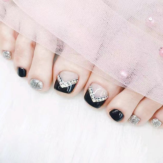 Glamorous Chic Square Black and Clear Press On Short Nail Set with Sparkling Gem Accents