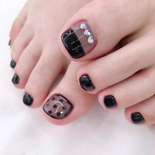 Chic Midnight Elegance Short Square Black Press On Nail Set with Polka Dot Design and Sparkling Rhinestone Accents