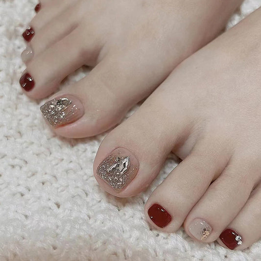 Elegant Autumnal Harmony Short Square Burgundy and Beige with Glitter Accents Press On Toenail Set
