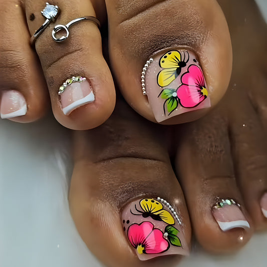 Tropical Paradise Short Square Pink and Yellow Floral Design Press On Nail Set with Rhinestone Accents