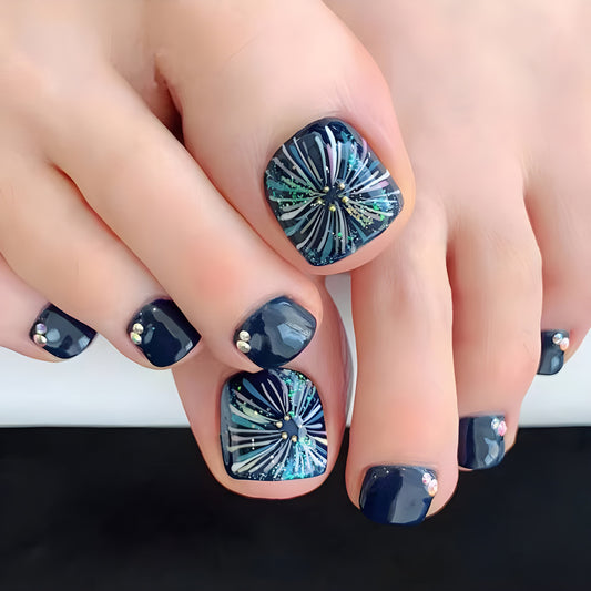 Celestial Night Square Press On Nail Set Short Blue Shimmering with Starburst Design