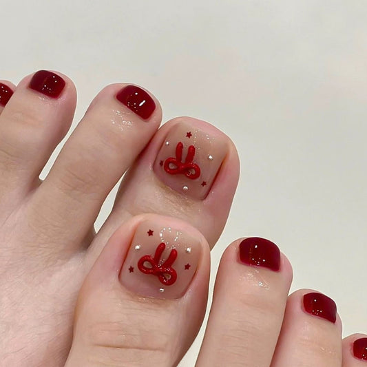 Chic Festive Square Short Burgundy Press-On Toenail Set with Playful Bow Accents and Sparkling Stars