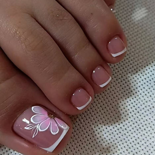 Petal Paradise Short Square Pink Ombre Toenails with Delicate Floral Design