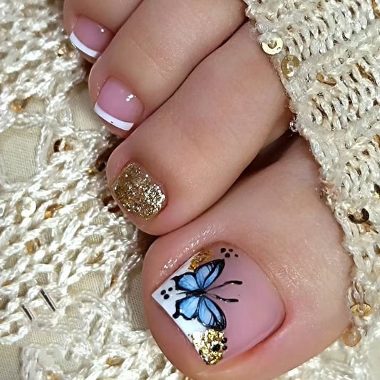 Whimsical Garden Inspired Short Square Pink Glittery Toenail Set with Butterfly Design