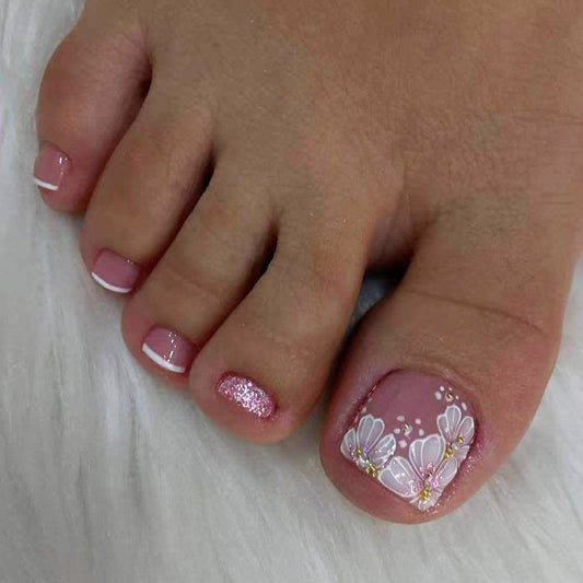 Blossom Elegance Short Square Soft Pink with Charming Floral Design Press On Toenail Set