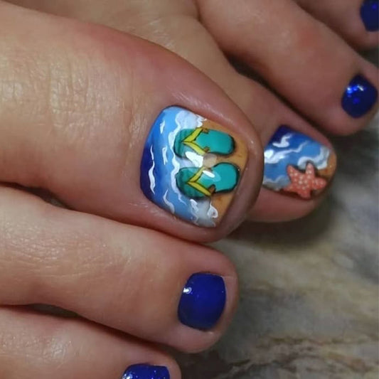 Beach Paradise Short Square Blue Press-On Toenail Set with Vibrant Flip-Flop Design