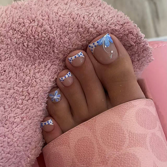 Charming Blue Floral Short Square Press On Toenail Set with Unique Polka Dot Design