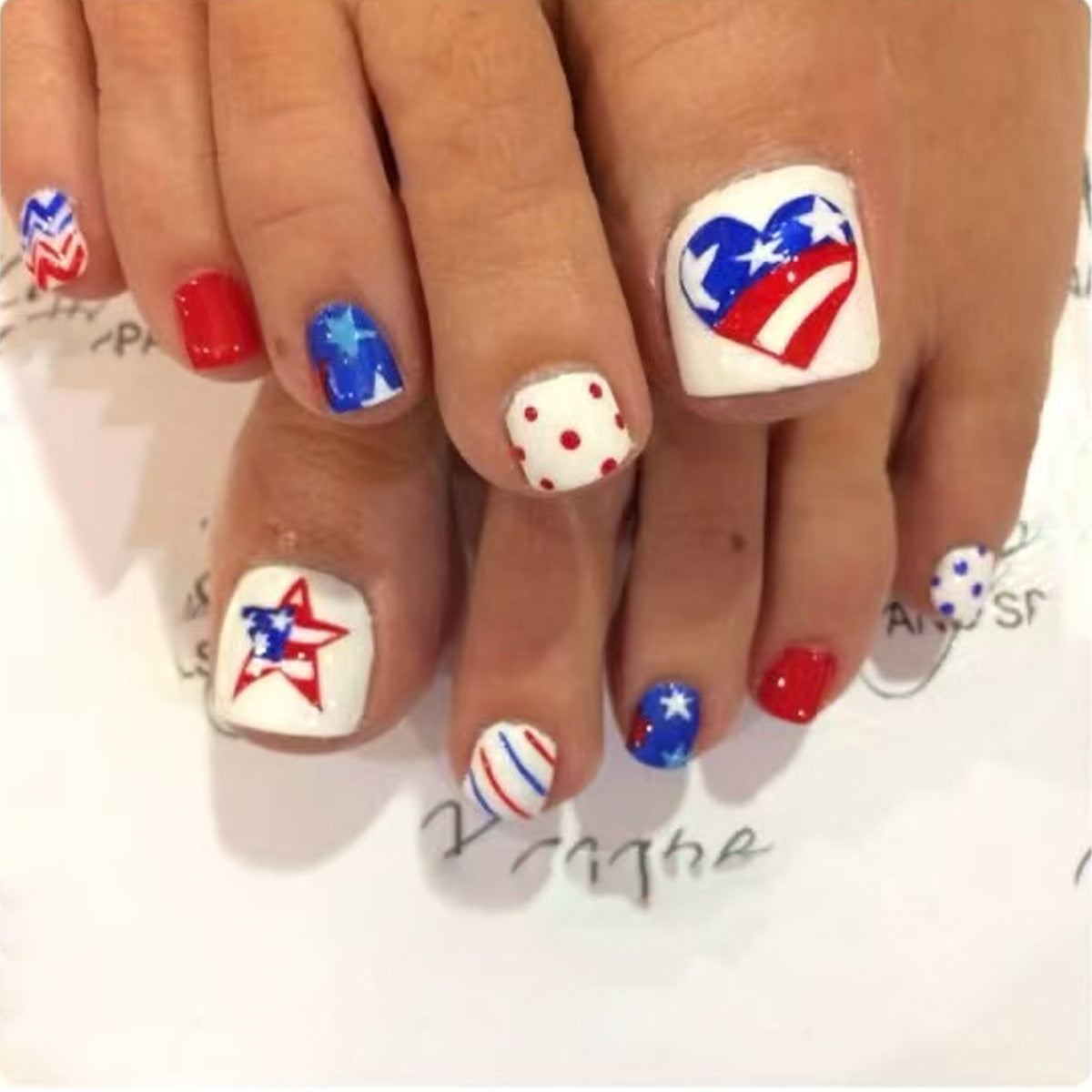 Patriotic Vibes Short Square Red and Blue Star Design Press-On Toenail Set